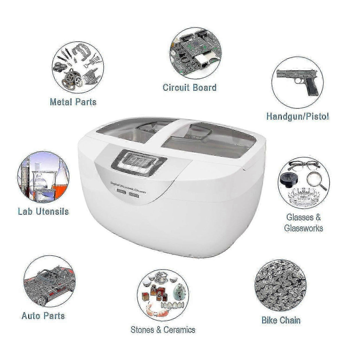 Digital ultrasonic cleaner for metal parts, circuit boards, lab tools, glasses, auto parts, stones, and bike chains