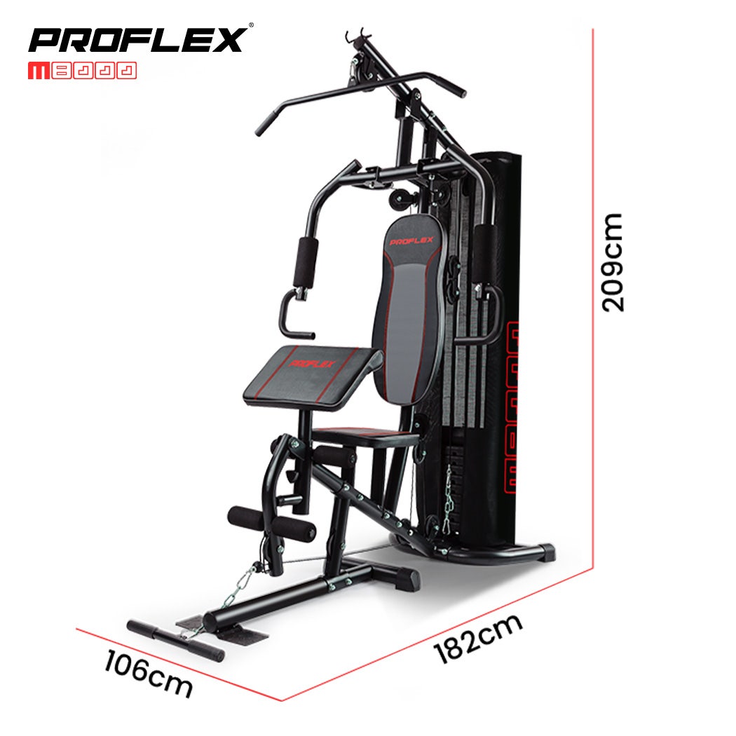 Proflex home gym machine with pull-up bar, weight stack, and bench, 209cm height, 182cm width, 106cm depth