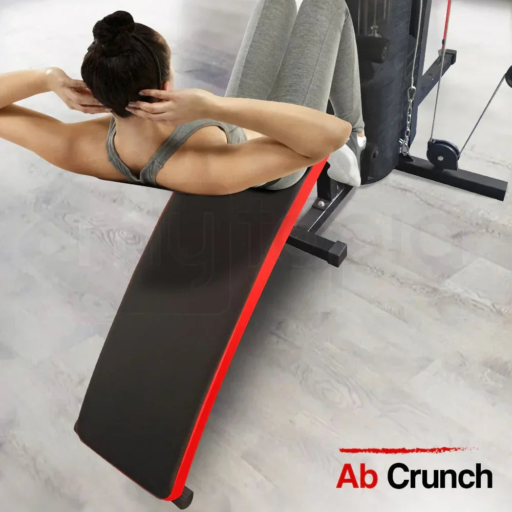 Woman doing ab crunch on incline bench gym equipment, home fitness workout