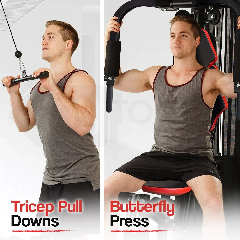 Man demonstrates tricep pull downs and butterfly press on home gym equipment
