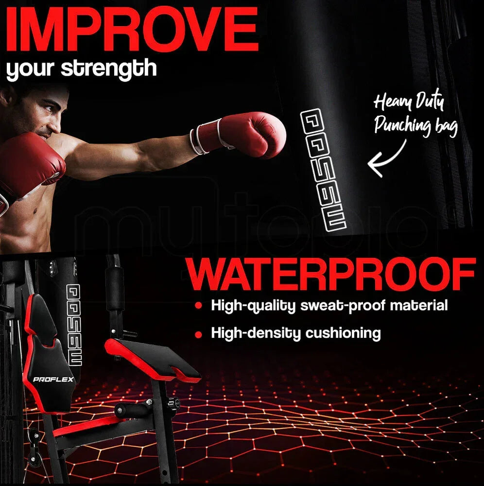 Man boxing with red gloves next to heavy duty waterproof punching bag and ProFlex gym bench