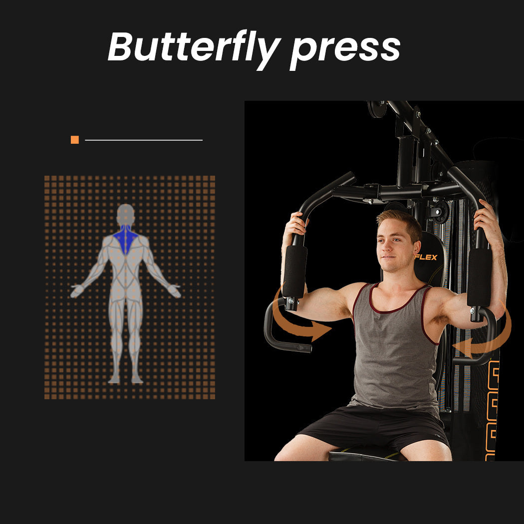 Man using butterfly press gym machine for chest workout, targeting pectoral muscles with guided motion