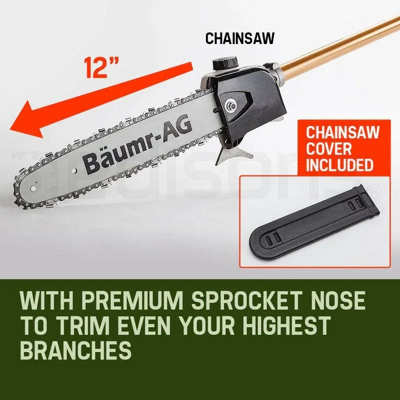 BAUMR-AG 65cc 9in1 Long Reach Garden Multi-tool, Pole Saw, Hedge & Line Trimmer, Brush Cutter, 12" Tree Trimming Pruning Chainsaw Bar, 2 Extension Shafts