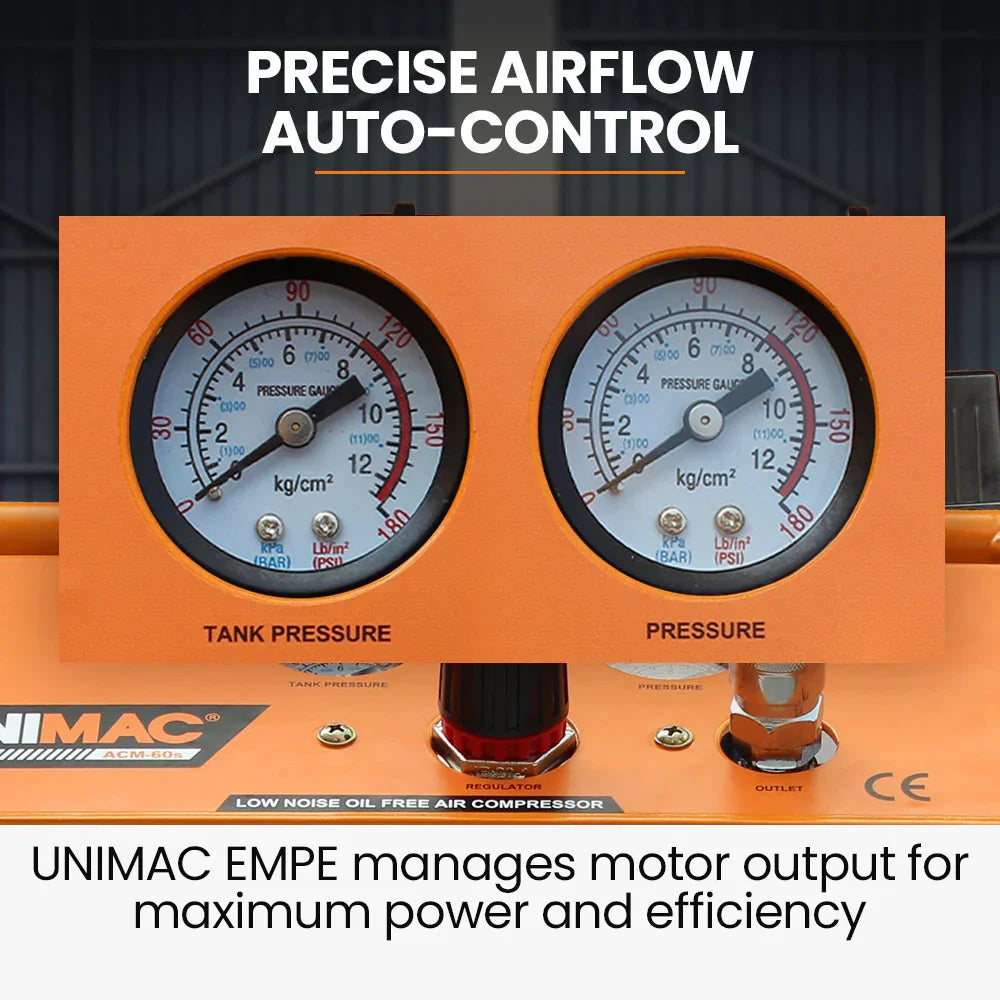 Close-up of air compressor control panel with dual pressure gauges for precise airflow auto-control