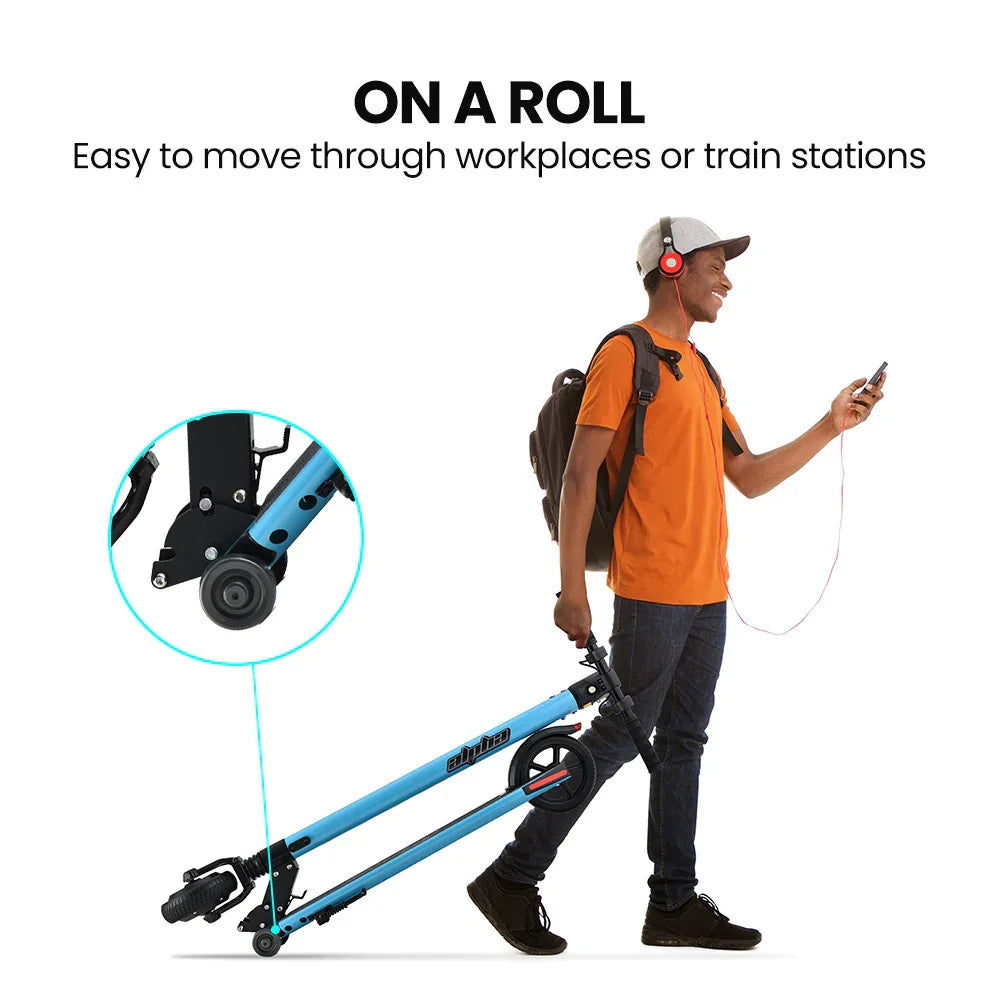 Man rolling a folded blue kick scooter with backpack, closeup on small transport wheels