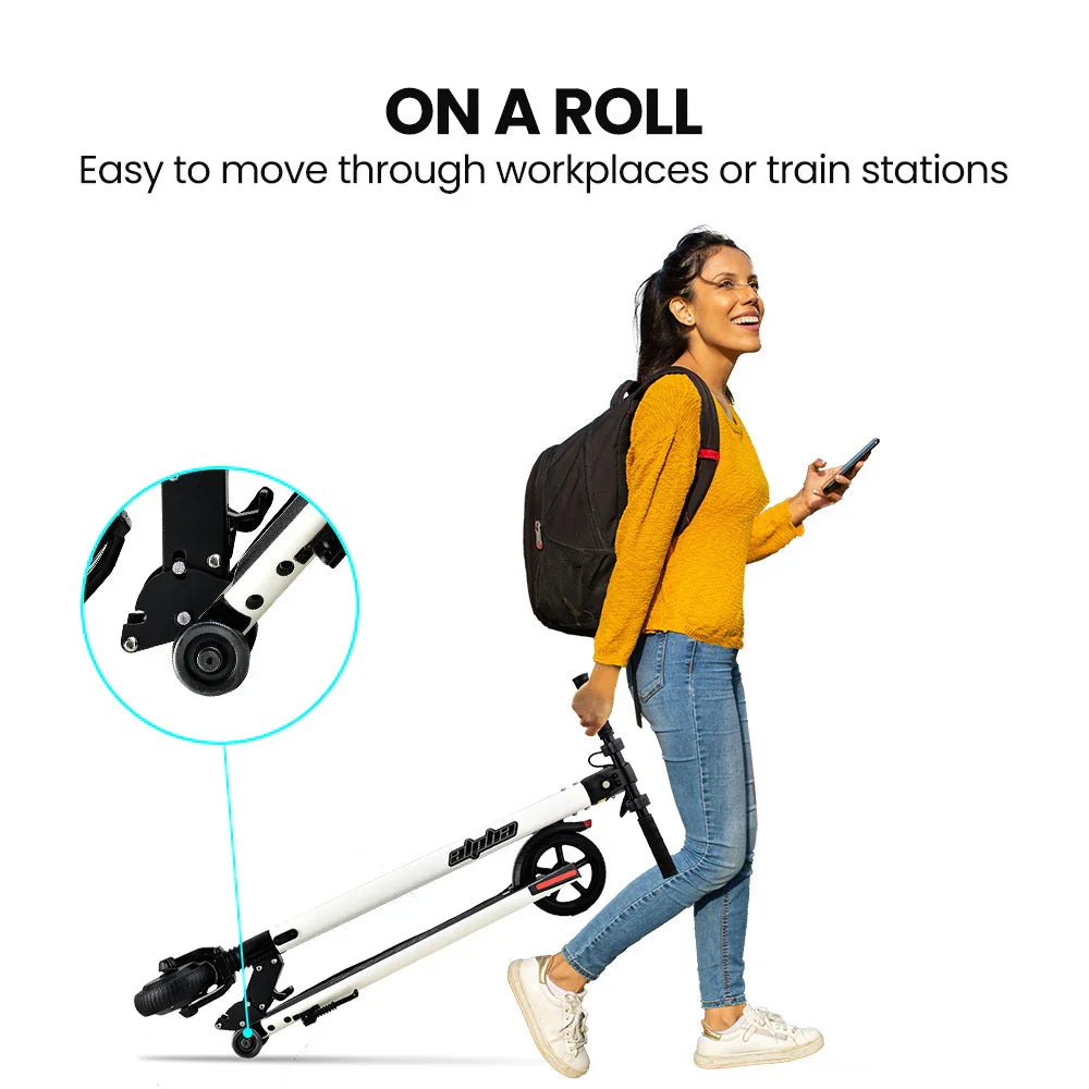 Woman rolling a foldable white scooter with wheels, carrying a backpack and smartphone