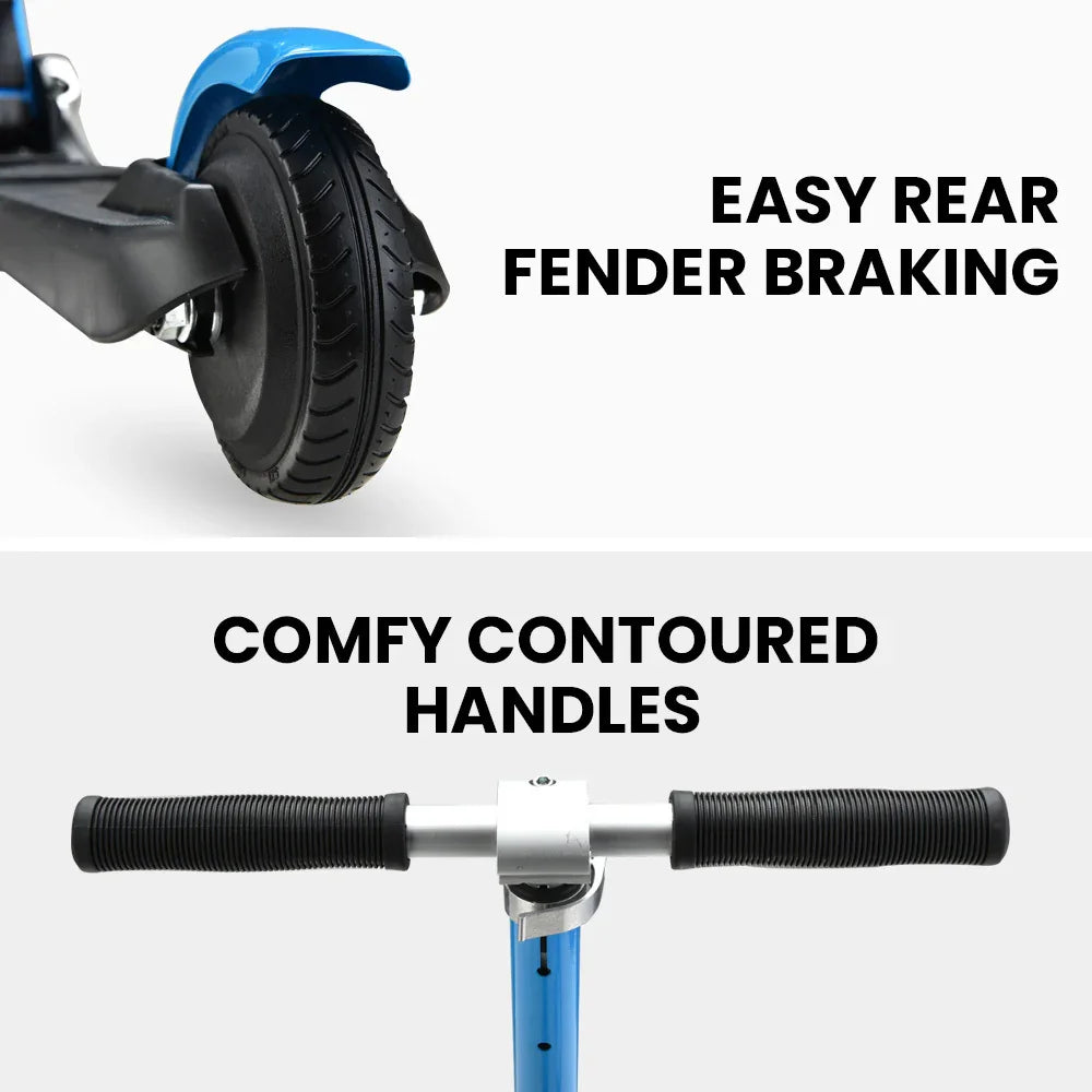 Blue scooter with rear fender brake, contoured comfy handles, kids outdoor toy