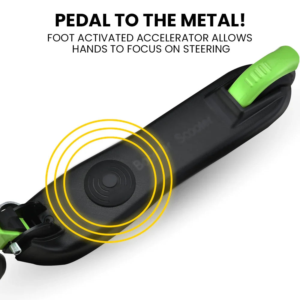 Electric scooter foot pedal accelerator with green lever and activation rings highlighted.