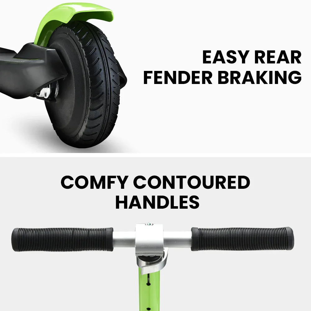 Green scooter with rear fender brake and contoured handles, close-up details.
