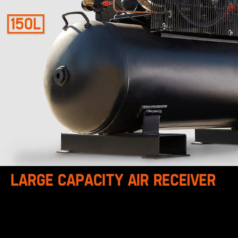 150L large capacity air receiver tank with black industrial design, close-up view