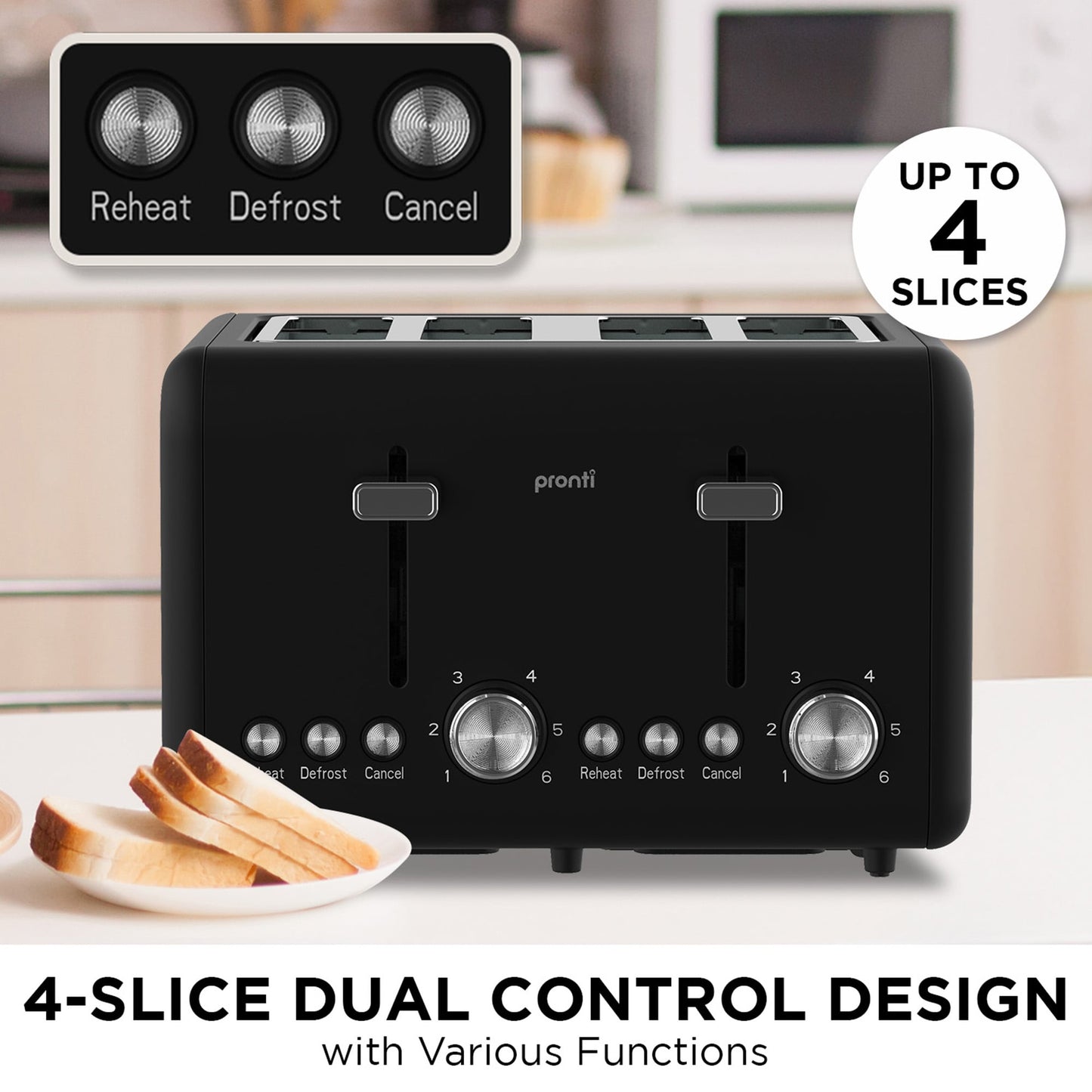 Pronti Silver Noir 4-Slice Toaster & Kettle Bundle 1.7L 2200W STRIX