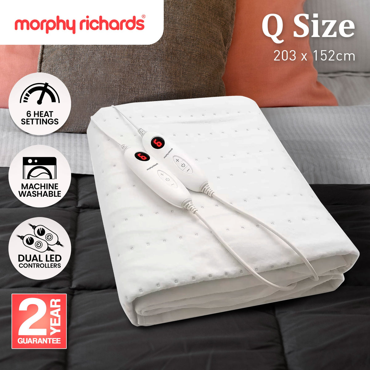 Morphy Richards Electric Blanket Queen 203x152cm 6 Heat Settings Dual Controllers