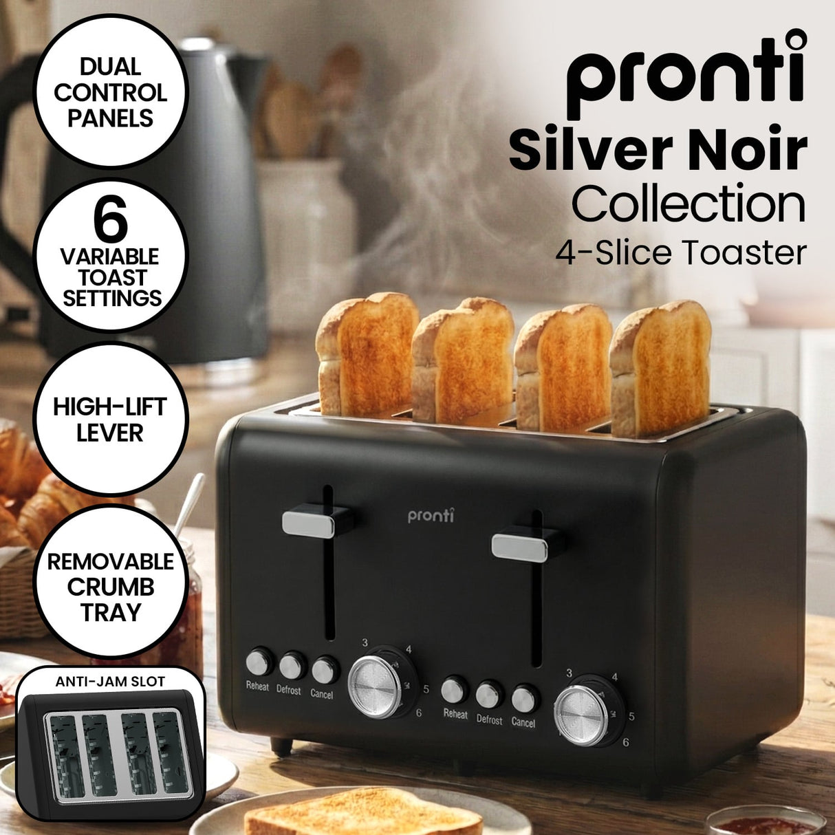Pronti Silver Noir 4-Slice Toaster Dual Controls 6 Browning Levels Wide Slots 1560W