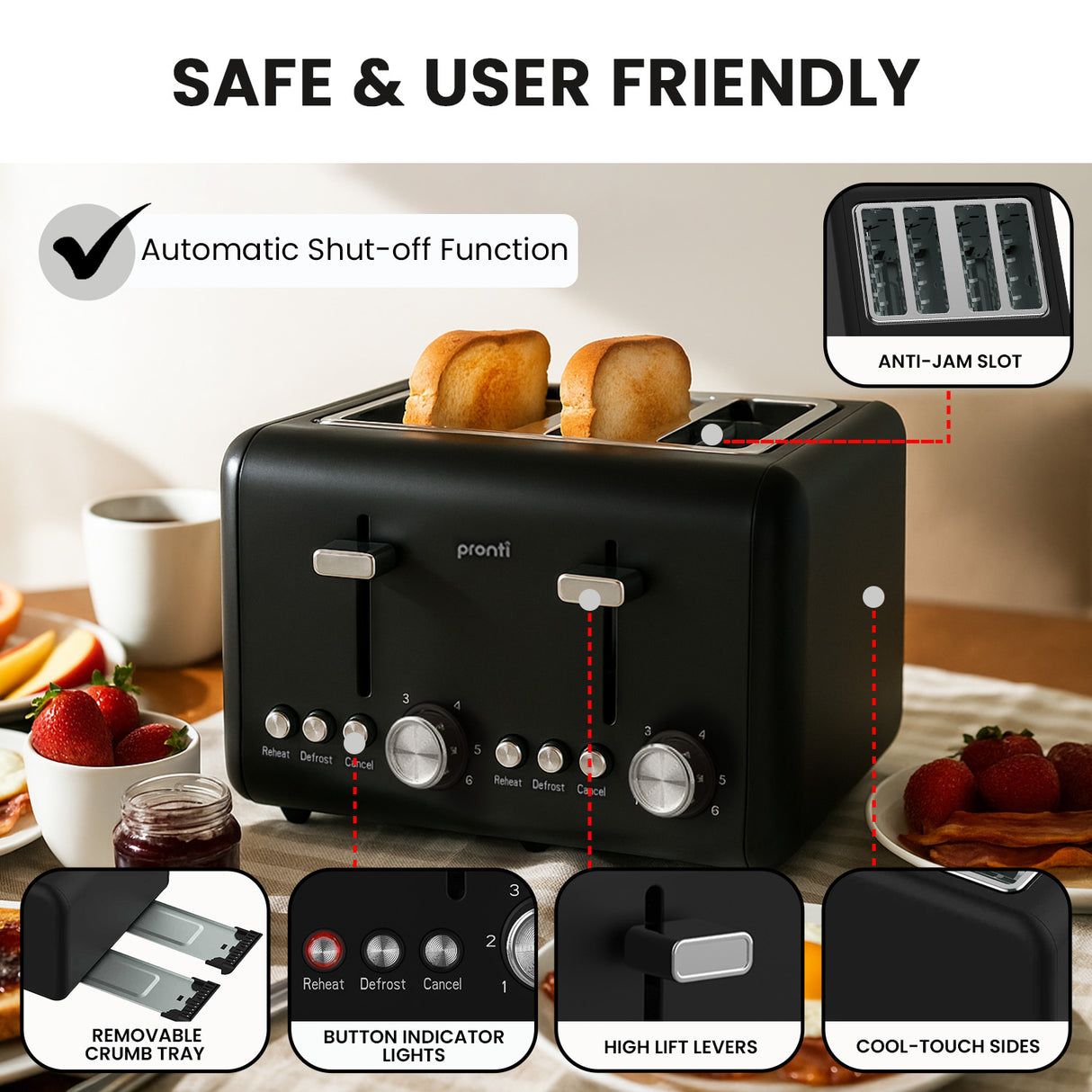Pronti Silver Noir 4-Slice Toaster Dual Controls 6 Browning Levels Wide Slots 1560W