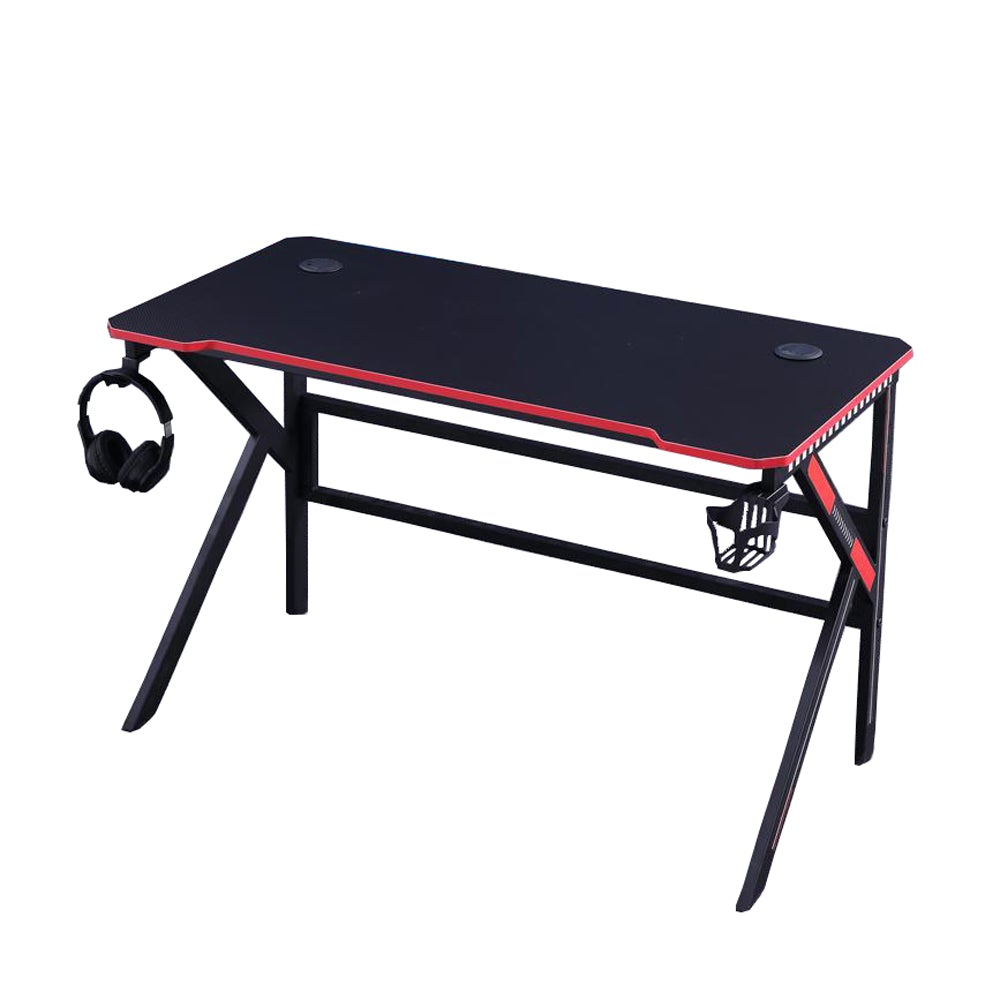 Black gaming desk with red trim, headphone hook, and cup holder for PC setup