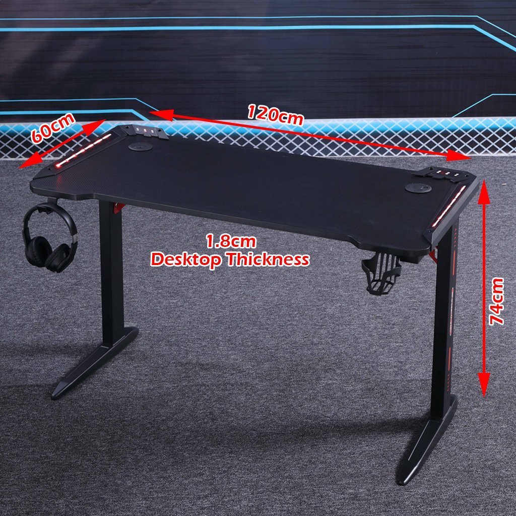 Black gaming desk 120x60cm with RGB lights, headphone hook, cup holder, 1.8cm thick desktop, 74cm height