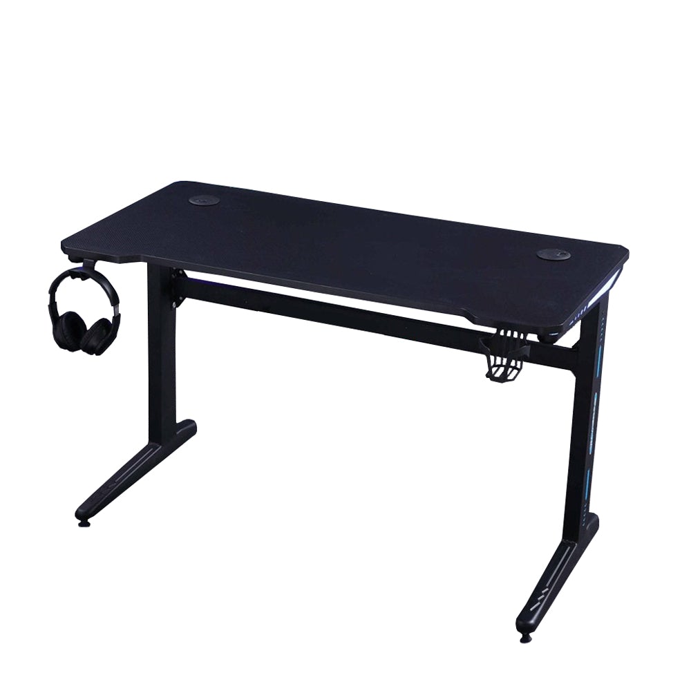 Black gaming desk with headphone hook and cup holder, ideal for PC setup and ergonomic workspace