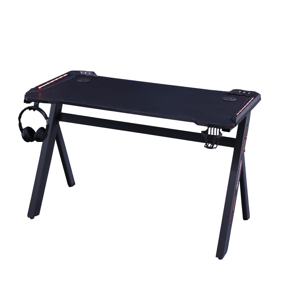 Black gaming desk with red LED lights, headphone hook, and cable management, ideal for PC setup