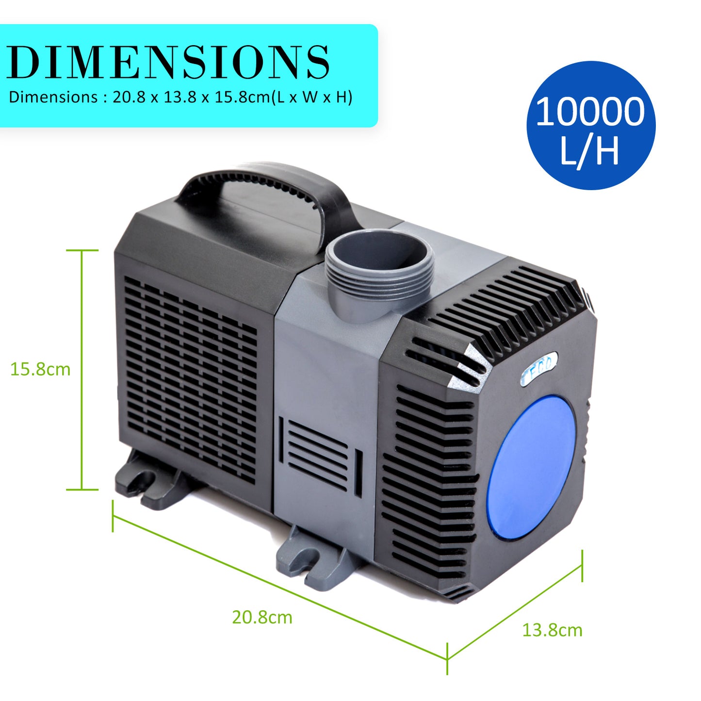 10000 L/H submersible water pump with 20.8x13.8x15.8cm dimensions, ideal for aquariums or ponds