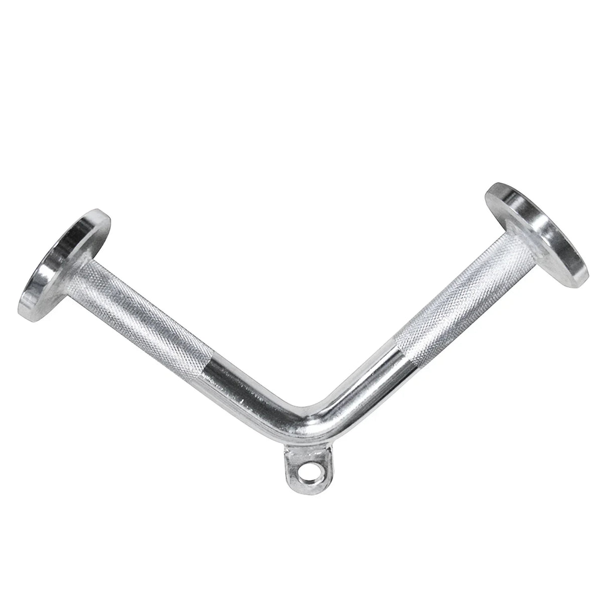 Silver metal triangle triceps press bar with knurled handles and central attachment hole