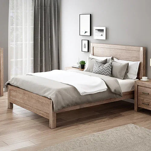 Bed Frame Queen Size in Solid Wood Veneered Acacia Bedroom Timber Slat in Oak - Stacks Warehouse