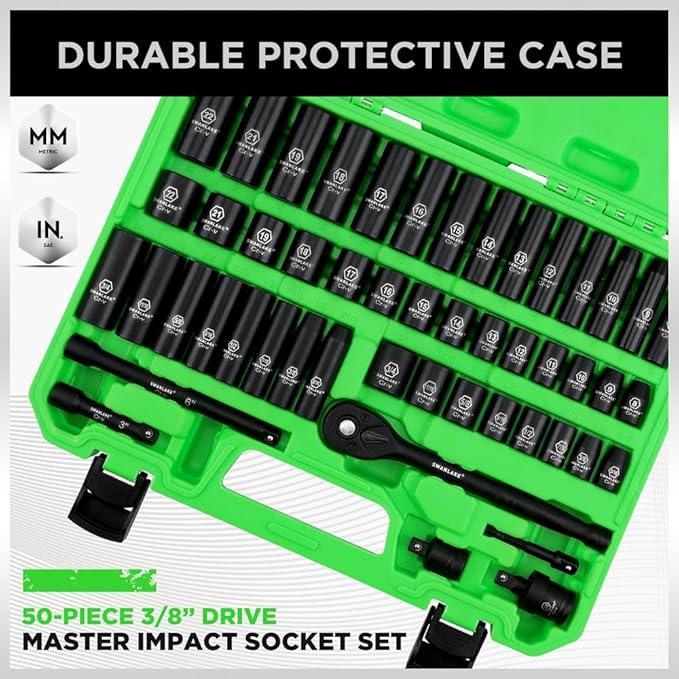 SWANLAKE 50pc 3/8" Drive Impact Socket Set SAE Metric 6-Point