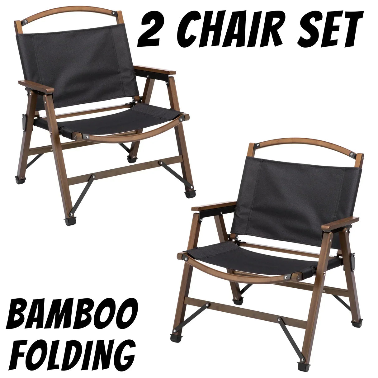 Set of two black fabric bamboo folding chairs with wooden armrests