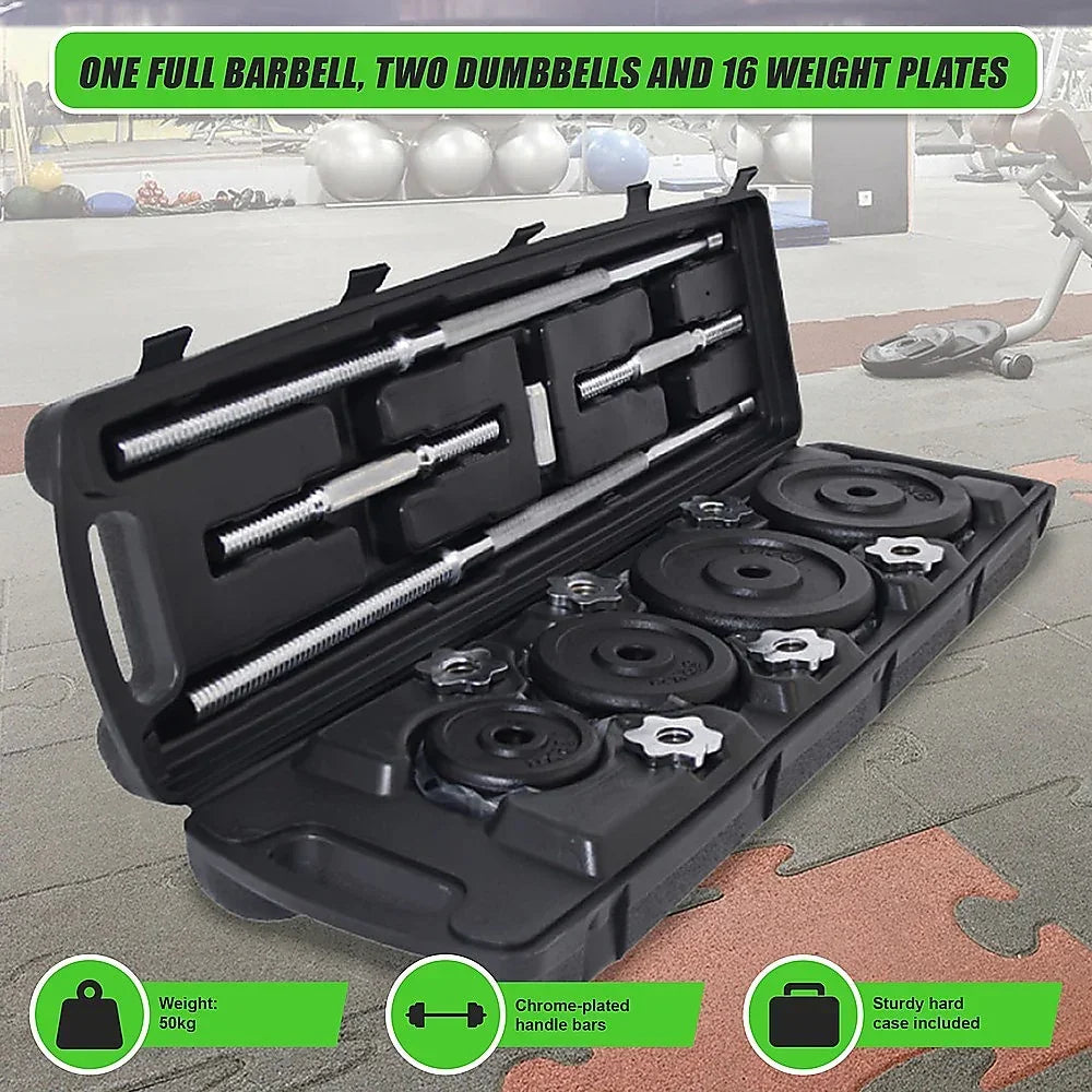 50kg weight set with one full barbell, two dumbbells, 16 plates in a sturdy black case, gym background