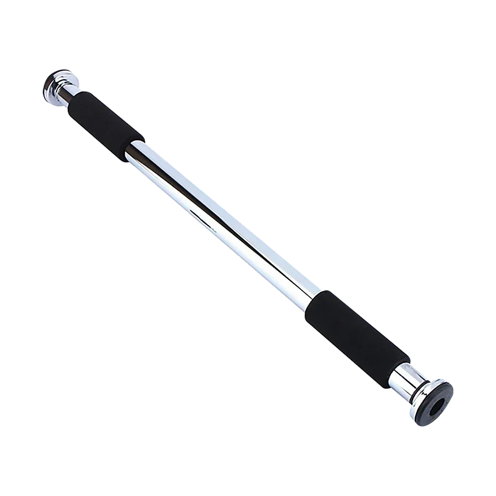 Adjustable chrome steel door pull-up bar with black foam grips for home workouts
