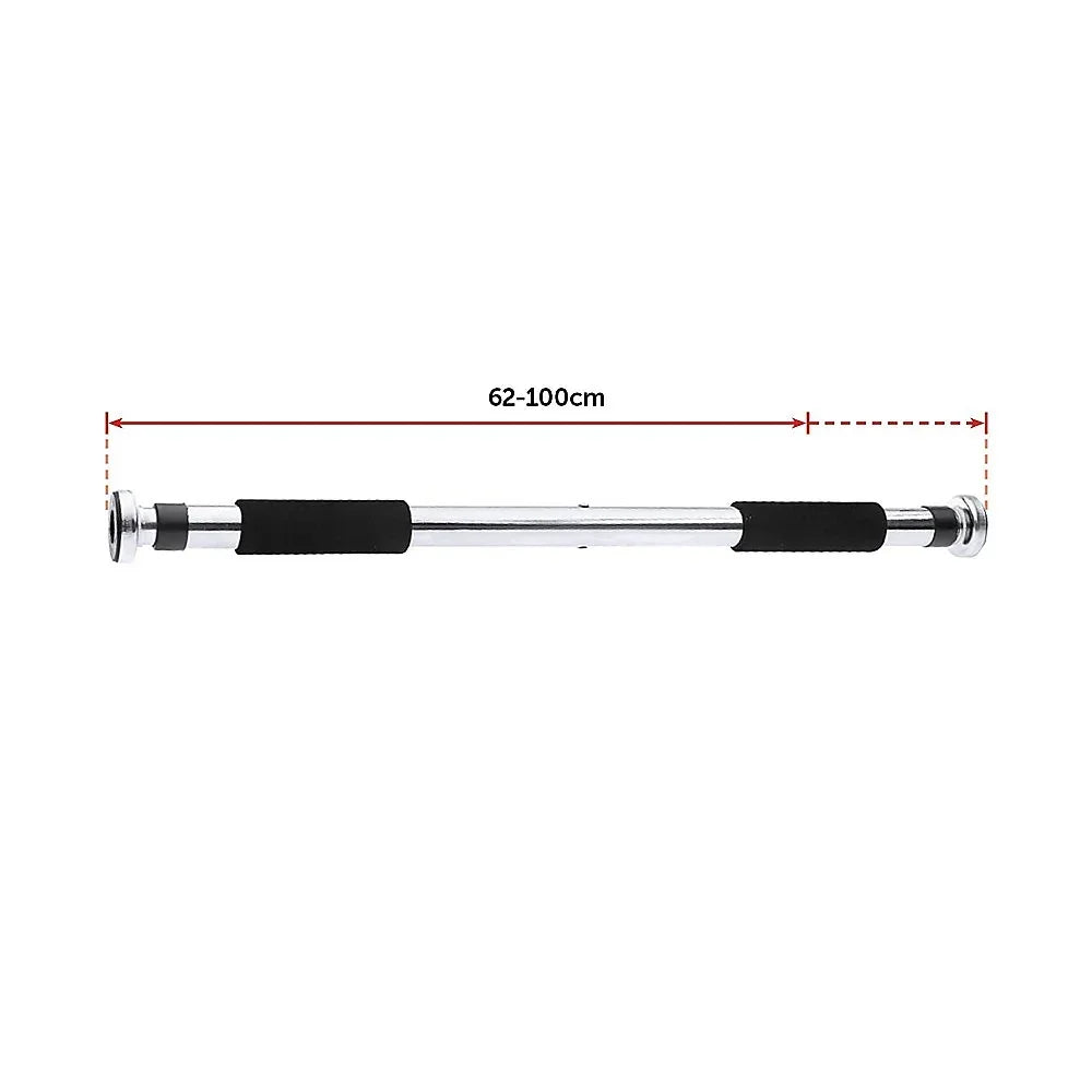 Adjustable chrome pull-up bar with black foam grips, extendable from 62 to 100 cm
