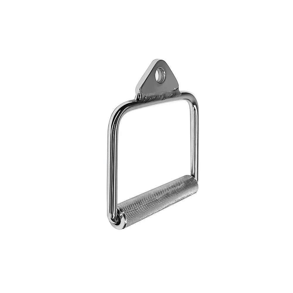 Chrome metal gym cable attachment handle with textured grip and mounting hole
