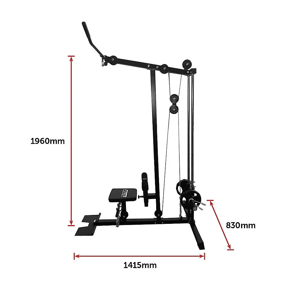 Black lat pulldown machine with seat and measurement dimensions in millimeters