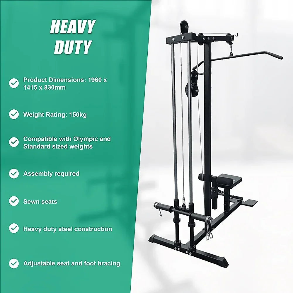 Heavy duty steel lat pulldown gym machine with adjustable seat, foot bracing, and pulley system.