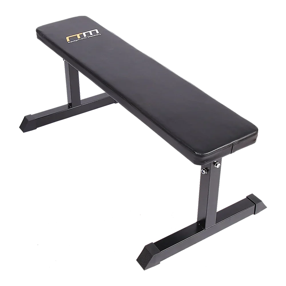 Flat black weight bench with steel frame for gym and home workout training
