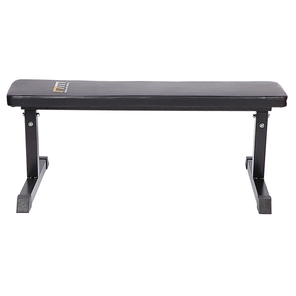 Black flat weight bench with sturdy steel frame for gym or home workout.