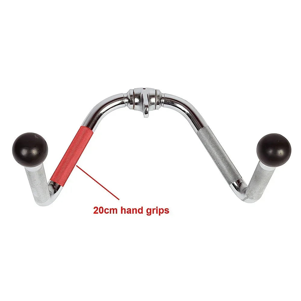 Chrome V-bar gym cable attachment with 20cm textured hand grips and rubber end caps