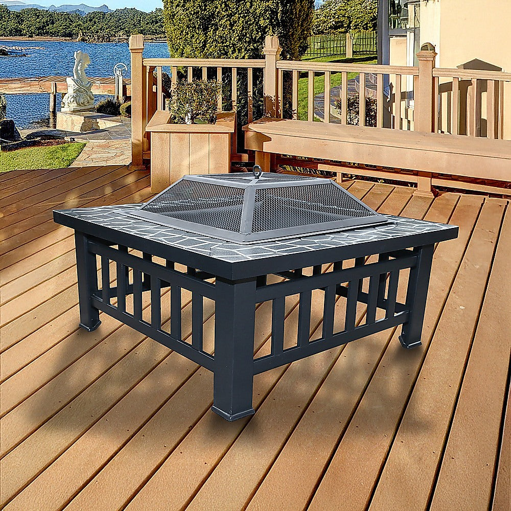 Square Metal Fire Pit 46cm Outdoor Patio BBQ Brazier Powder-Coated with Mesh Lid