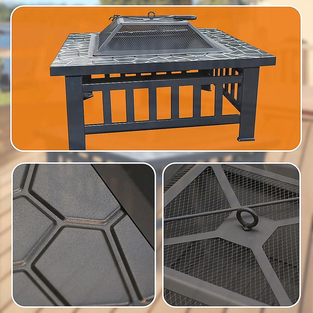 Square Metal Fire Pit 46cm Outdoor Patio BBQ Brazier Powder-Coated with Mesh Lid
