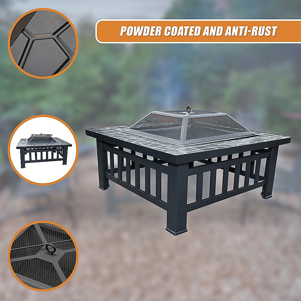 Square Metal Fire Pit 46cm Outdoor Patio BBQ Brazier Powder-Coated with Mesh Lid