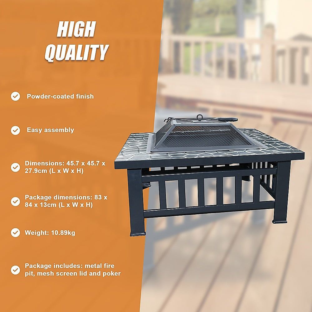 Square Metal Fire Pit 46cm Outdoor Patio BBQ Brazier Powder-Coated with Mesh Lid