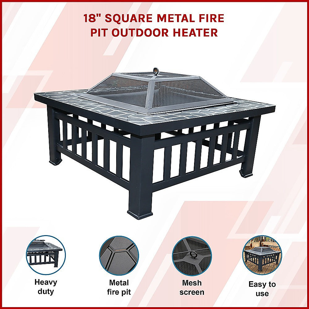 Square Metal Fire Pit 46cm Outdoor Patio BBQ Brazier Powder-Coated with Mesh Lid