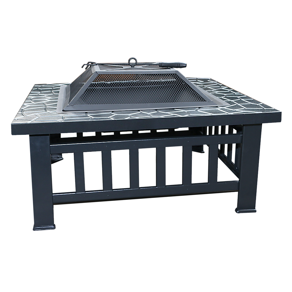 Square Metal Fire Pit 46cm Outdoor Patio BBQ Brazier Powder-Coated with Mesh Lid