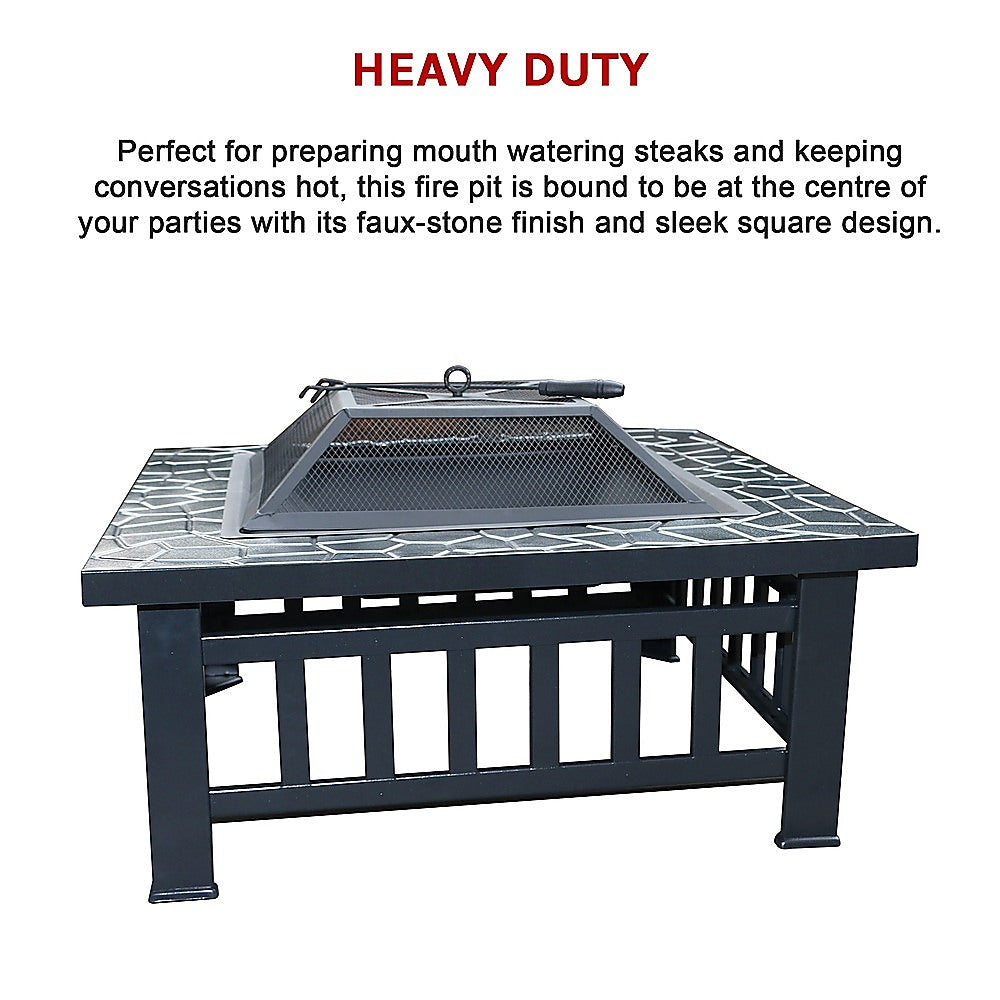 Square Metal Fire Pit 46cm Outdoor Patio BBQ Brazier Powder-Coated with Mesh Lid