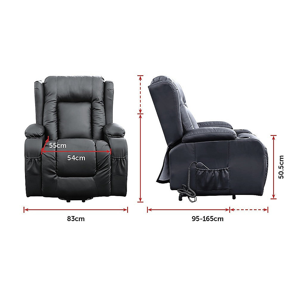 Palermo Electric Lift Recliner Chair 8-Point Heated Massage 165° Recline PU Leather 150kg Black
