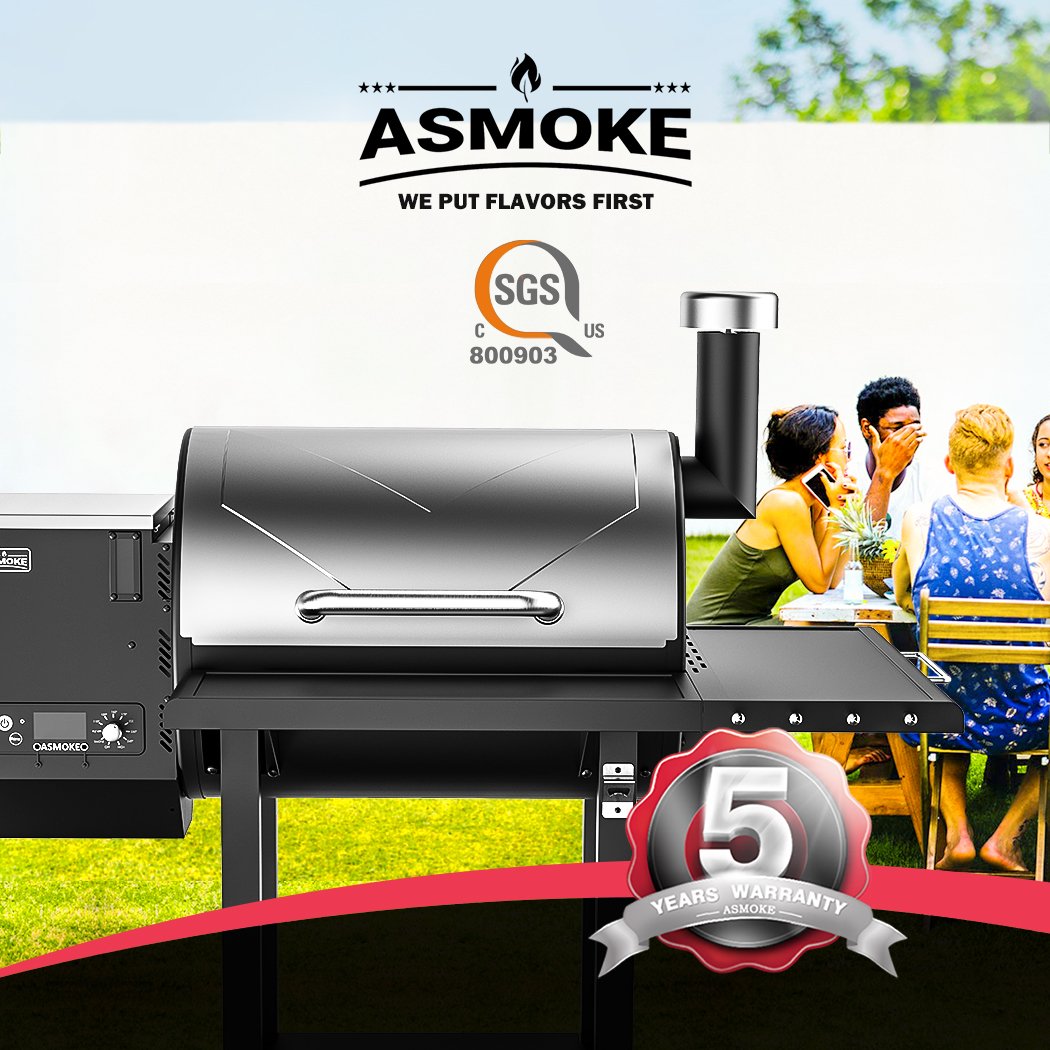 ASMOKE AS660N-2 Wood Pellet Grill Smoker 700sq" 25.8lb Hopper 8-in-1 Cast Iron Grids 5Yr Warranty Silver