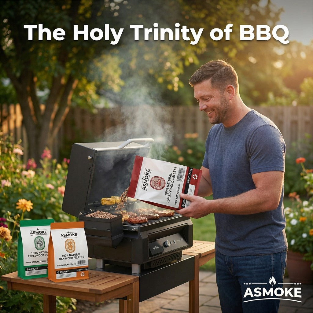 Man pouring ASMOKE cherry wood pellets into an ASMOKE portable smart pellet grill and smoker.