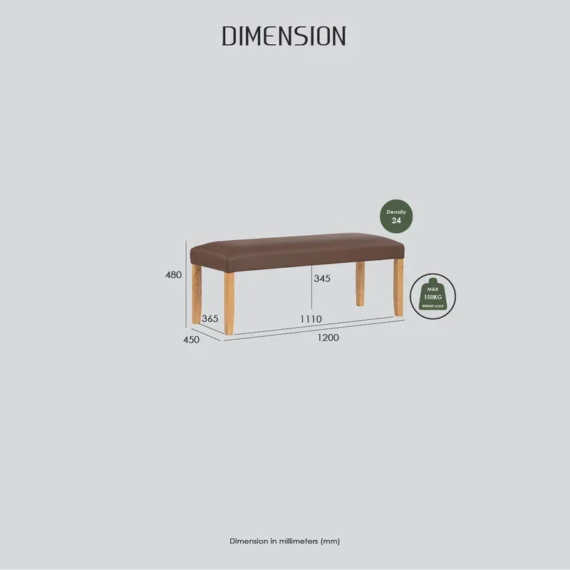Brown upholstered bench with wooden legs, dimension details, max load 150kg, density 24