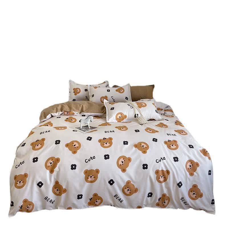 Cartoon Bear 4-Piece Bedding Set Kids Single - Soft Cute Comforter with Pillowcases
