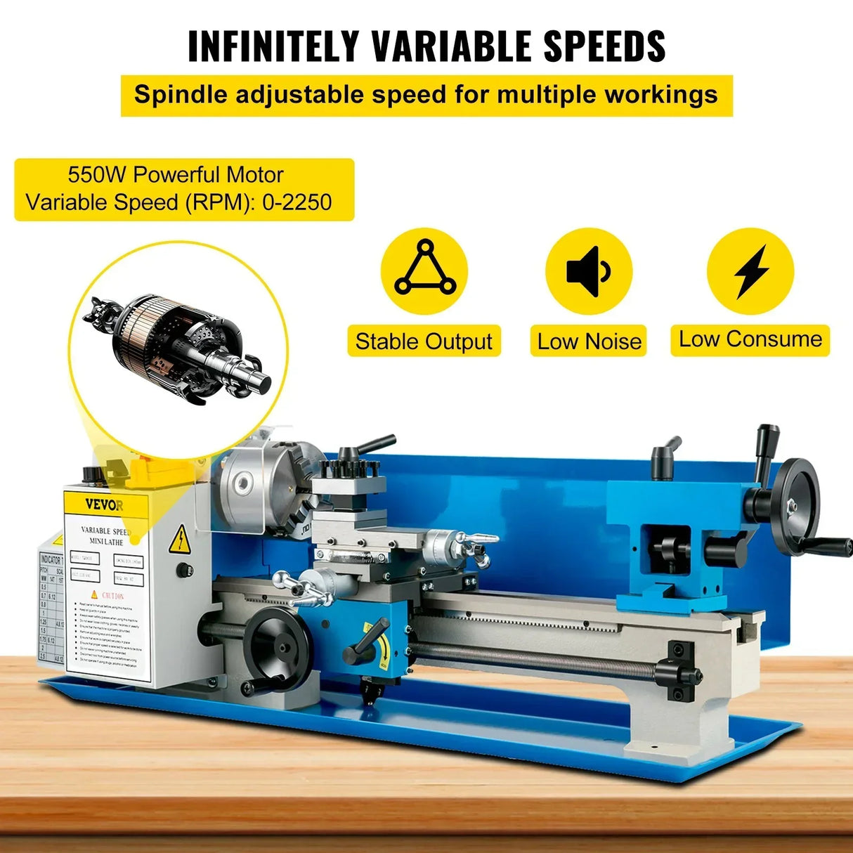 VEVOR 7"x14" Mini Metal Lathe 0-2500 RPM Variable Speed Benchtop