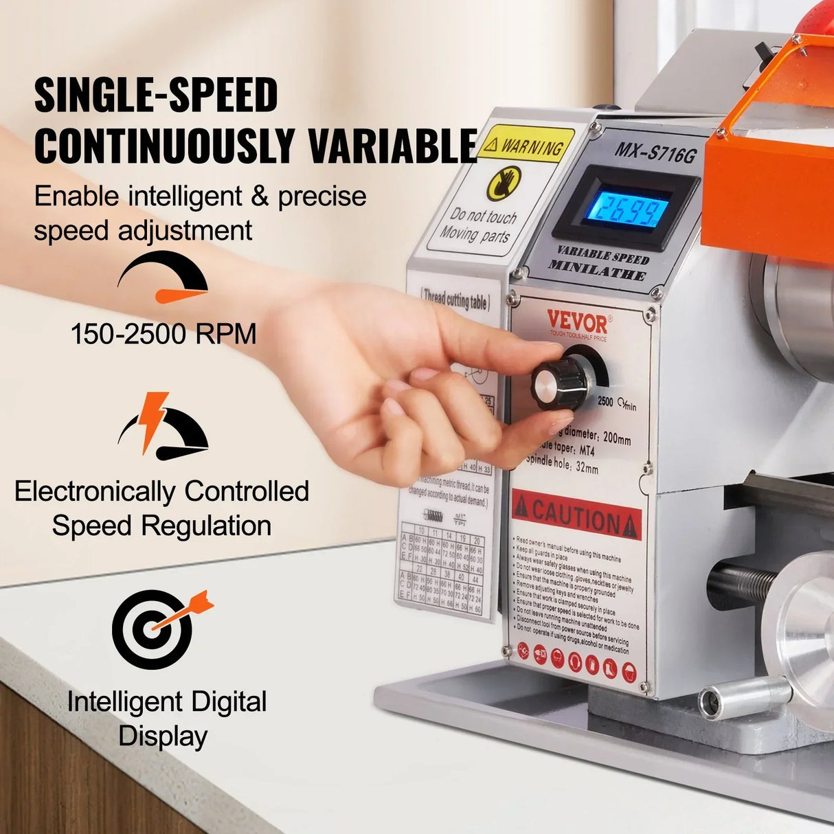 VEVOR Mini Metal Lathe 180x400mm 800W 150-2500 RPM Benchtop